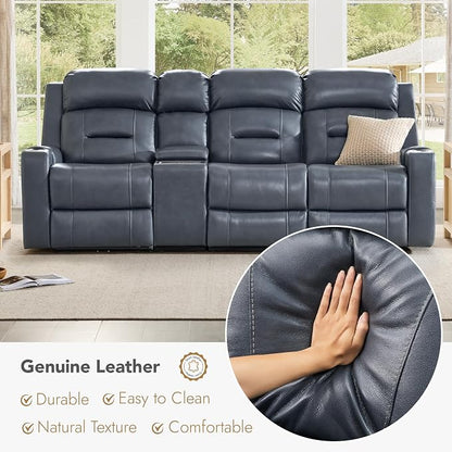 Watson & Whitely Genuine Leather Power Recliner Sofa, Lay Flat Reclining Sofa with Storage Console, Power Headrest & Cup Holders, 3 Seater Electric Reclining Couch for Living Room, Navy Blue