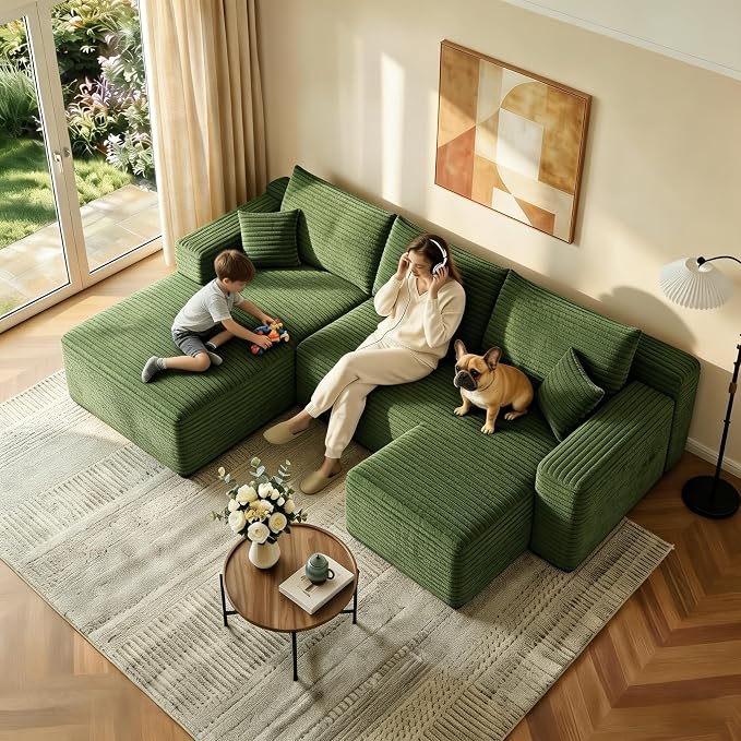 JINGLING 94" U Shaped Boneless Sectional Couch Set for Living Room, Plush Corduroy Modular Sofa with Ottoman, Small Space Apartment Couch, No Assembly, Left Facing Chaise, Green