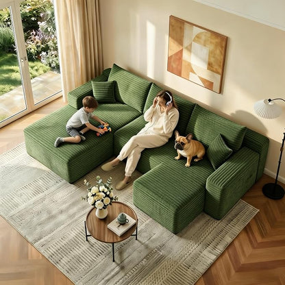 JINGLING 94" U Shaped Boneless Sectional Couch Set for Living Room, Plush Corduroy Modular Sofa with Ottoman, Small Space Apartment Couch, No Assembly, Left Facing Chaise, Green