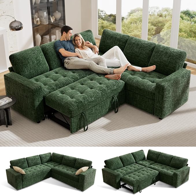 Vipbear 5 Seat L Shaped Modular Sectional Sleeper Sofa Bed with Pull Out Bed/Reclining Backrest/USB Ports/Storage Seat, Sectional Sleeper Couch, Tool-Free Assembly, Chenille Green