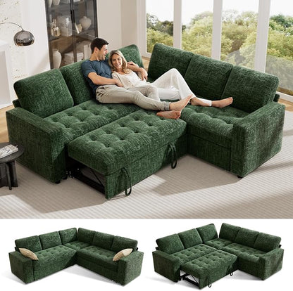 Vipbear 5 Seat L Shaped Modular Sectional Sleeper Sofa Bed with Pull Out Bed/Reclining Backrest/USB Ports/Storage Seat, Sectional Sleeper Couch, Tool-Free Assembly, Chenille Green