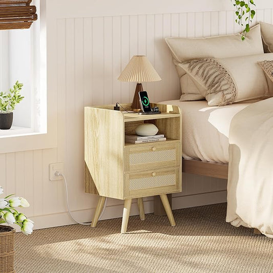 SUPERJARE 2 Drawer Night Stand with Charger Station, Boho Rattan Nightstand Set of 2, 25.2 Inch Tall Bed Side Table with Solid Wood Feet, End Table, Open Storage, Synthetic Rattan, for Dorm, Natural