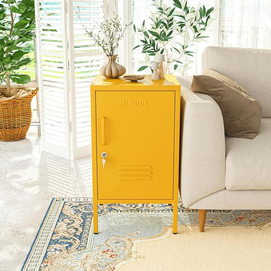 Single Door Lockable Metal End Table & Children's Bedside Table, 2-Tier Storage Cabinet with Adjustable Shelf, Easy Assembly Side Table for Living Room Bedroom Home Office Yellow