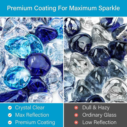 NUPICK 10LB Diamond Fire Glass, 1 Inch Fire Pit Rocks for Propane or Gas | Reflective Fire Pit Glass Rocks, Tempered Fire Rocks for Fireplace, Mix Color Glass Stones for Vase Filler, Landscaping
