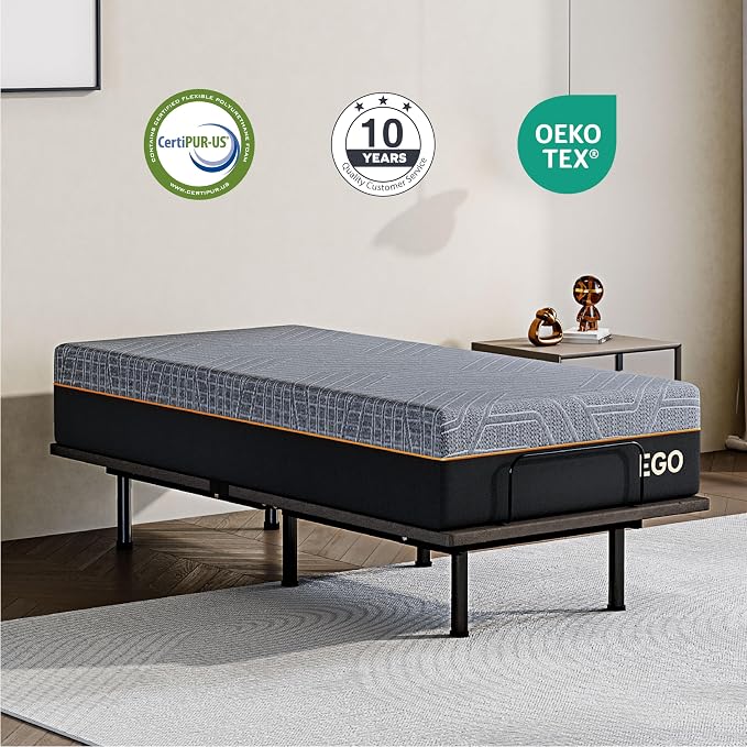 Dyonery Twin XL Adjustable Bed Base Frame with Wireless Remote + 12 Inch Twin XL Gel Memory Foam Mattress Bed in a Box, Head and Foot Incline, Zero Gravity, Fiberglass Free,80" × 38"