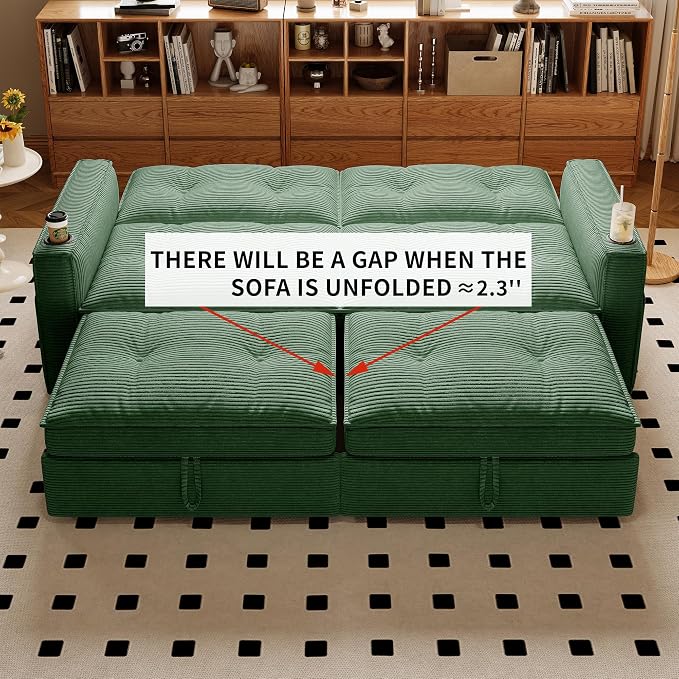 73.2'' Futon Sofa Bed Full Size, Pre-Assembled Pull Out Couch, Adjustable Backrest, Corduroy Convertible Sleeper Sofa, 2 Cup Holders, Pockets, USB, Loveseat for Living Room, Apartment, Green | Soft Material