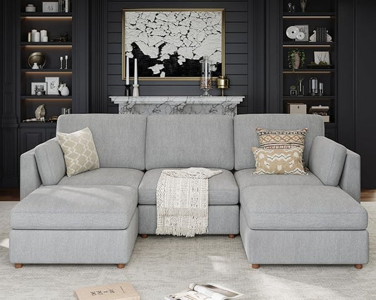 Oversized Modular Sectional Sofa U-Shaped Cloud Couches Gray | 116'' Deep Seat Couch for Living Room, 5-Seater Luxury Corner sofa with Ottoman, Solid Wood Frame, Removable Washable Cover