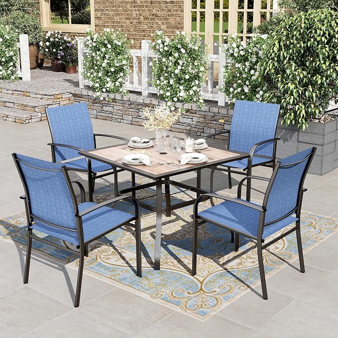 HERA'S HOUSE Patio Table and Chairs for 4, 5 Pieces Outdoor Dining Sets, Square Metal Table Set with Textilene Dining Chairs for Lawn Garden Backyard, Blue