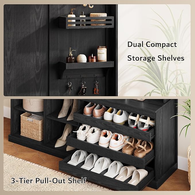iPormis 70“ Large Hall Tree with Bench and Adjustable Shoe Storage, 6-in-1 Farmhouse Entryway Bench w/Coat Rack, Small Shelves, Top Storage for Living Room, Entryway, Led Lights, Black