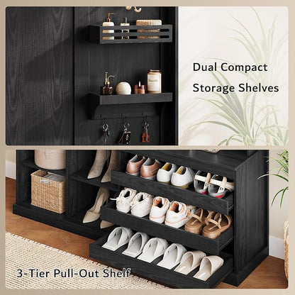 iPormis 70“ Large Hall Tree with Bench and Adjustable Shoe Storage, 6-in-1 Farmhouse Entryway Bench w/Coat Rack, Small Shelves, Top Storage for Living Room, Entryway, Led Lights, Black