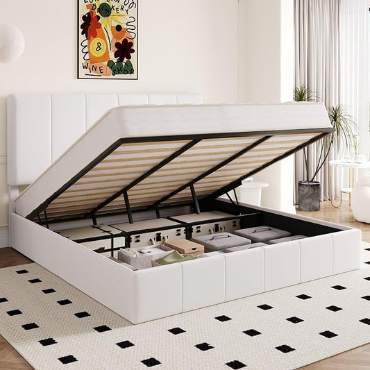 Allewie King Size Velvet Lift Up Storage Bed Frame, Vertical Channel Tufted Headboard, Hydrualic Underneath Storage, Upholstered Platform Bed, Wooden Slats Support, No Box Spring Needed, White