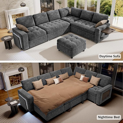 Vipbear 7 Seat L Shaped Modular Sectional Sleeper Sofa Bed with Ottoman/Pull Out Bed/Reclining Backrest/USB Ports/Table/LED Light/Storage Seat, Tool-Free Assembly, Dark Grey