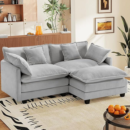 77.6" Modular Sectional Sofa,Loveseat Couch for Living Room, Modern Deep Seat Sofa 2 Seater Chenille Fabric Comfy Cloud Couches with Throw Pillows & Ottoman for Apartment,Small Spaces