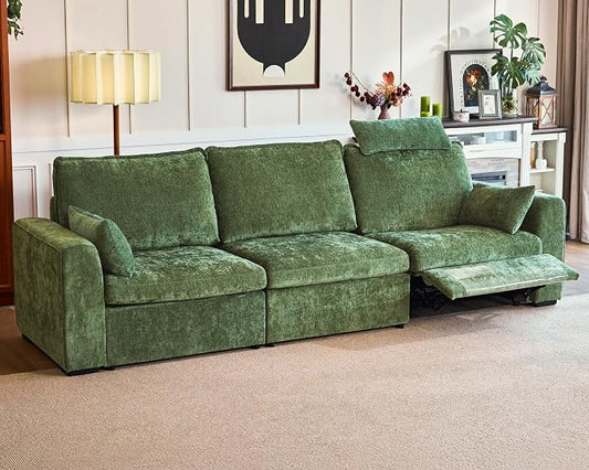 124.8'' Oversized Power Recliner Sofa with Headrest, Extra Wide Deep Modular Cloud Sectional Reclining Couch Wall Hugger, Convertible 3-Seater for RV Home Theater Living Room, Chenille, Green