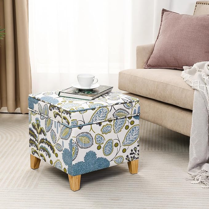 Adeco 18 Inch Linen Storage Ottoman Cube, Upholstered Footstool for Living Room & Bedroom, Vanity Stool with Safety Hinge Lid & Solid Wood Legs, 2-Min Assembly, Blue Leaves