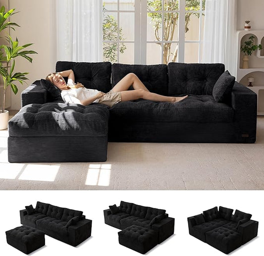 MAXYOYO 104" L Shaped Modular Sectional Sofa with Ottoman, Cloud Boneless Couch with Layered Cushion, Upholstered Sofa Flexible Module Combination for Living Room, No Assembly, Black
