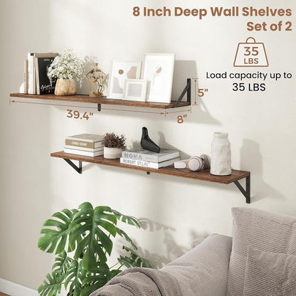 Axeman 40'' x 8'' Floating Shelves Set of 2, Rustic Walnut Wall Shelves with Brackets, Engineered Wood, Includes Mounting Hardware, 45Lbs, Ideal for Books, Plants, Kitchen Utensils and Decorations