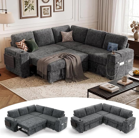 Vipbear Premium 86" Modular Sectional Sleeper Sofa, 5 Seat Sleeper Sofa with Pull Out Bed for Living Room, L Shaped Couch with Storage Chaise|USB Ports|Cup Holders|Storage Armrests|Side Table, Gray
