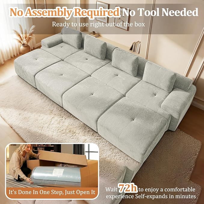 159" Oversized Boneless Couch, Comfort Cloud Sectional Couches for Living Room, Modular Sofa High Back & Extra Deep Seat, No Assembly, Soft Chenille Fabric (Light Grey, 159 inch-（4+4）)