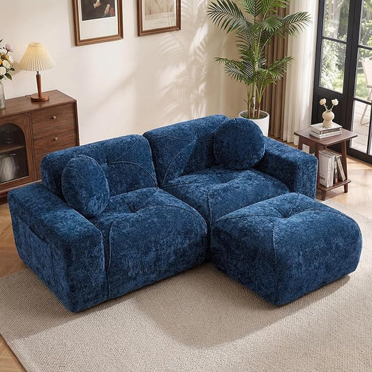 82" Modular Sectional Cloud Couch, L Shaped Sofa Boneless Couches with Movable Ottoman, 2 Deep Seat Modern Comfy Velvet Sofa for Living Room, Bedroom, Apartment (Blue)
