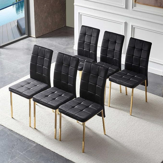 NORDICANA Upholstered Velvet Dining Chairs for 6, Classic High Back Kitchen Chairs Set of 6, Tufted Side Chairs, Golden Color Metal Legs, Black