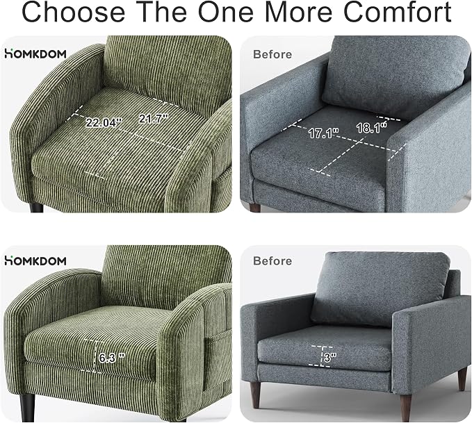 Homkdom Accent Chair for Living Room Chairs Green Reading Chair for Bedroom Mid Century Modern Arm Chair Upholstered Comfy Chair for Apartment, Waiting Room