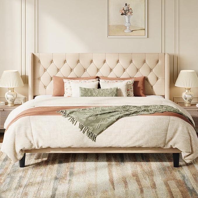 SHA CERLIN King Size Platform Bed Frame with Upholstered Headboard and Wingback, Button Tufted Design, Easy Assembly, No Box Spring Needed, Beige