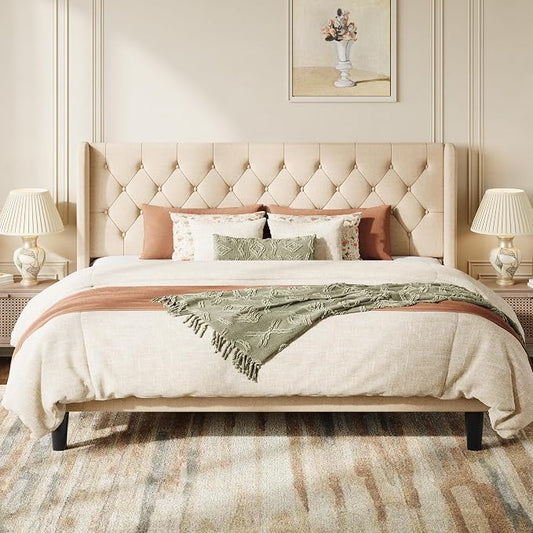 SHA CERLIN King Size Platform Bed Frame with Upholstered Headboard and Wingback, Button Tufted Design, Easy Assembly, No Box Spring Needed, Beige