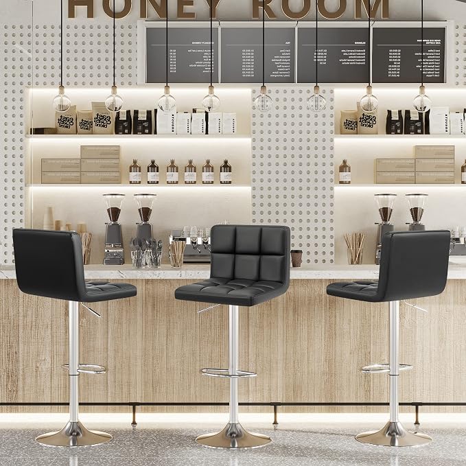 Furniwell Bar Stools Modern Pu Leather Swivel Adjustable Barstools Armless Counter Height Swivel Bar Stool Synthetic Leather Height Square Barstool with Set of 2(Black)
