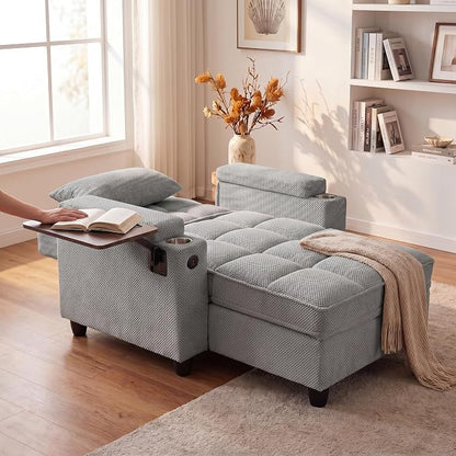 Convertible Sleeper Chair, Pull Out Sofa Bed with Adjustable Backrest & Hidden Storage Armrest, Single Sofa Recliner with USB Charging Port & Cup Holders for Living Room, Bedroom, Gray