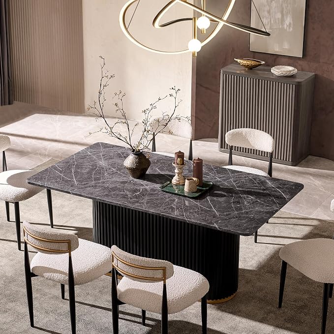 Morden Fort Modern Dining Table for 6, 70" Faux Marble Dining Table with Black Fluted Base and Grey Rectangle Top for Ktichen, Reception and Conference