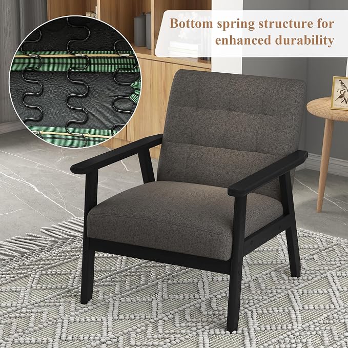 Westice Accent Chair 1PC, Mid-Century Modern Living Room Chairs with Solid Wood Frame & Soft Thicken Cushion, Upholstered Arm Reading Chair for Bedroom, Balcony, Grey Linen Fabric & Black Legs