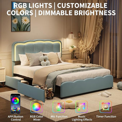 Garvee Full Size Bed Frame with 2 Storage Drawers and LED Lights, Upholstered Platform Full Bed with Adjustable Headboard, Wooden Slats Support, No Box Spring Needed, Easy Assembly, Blue