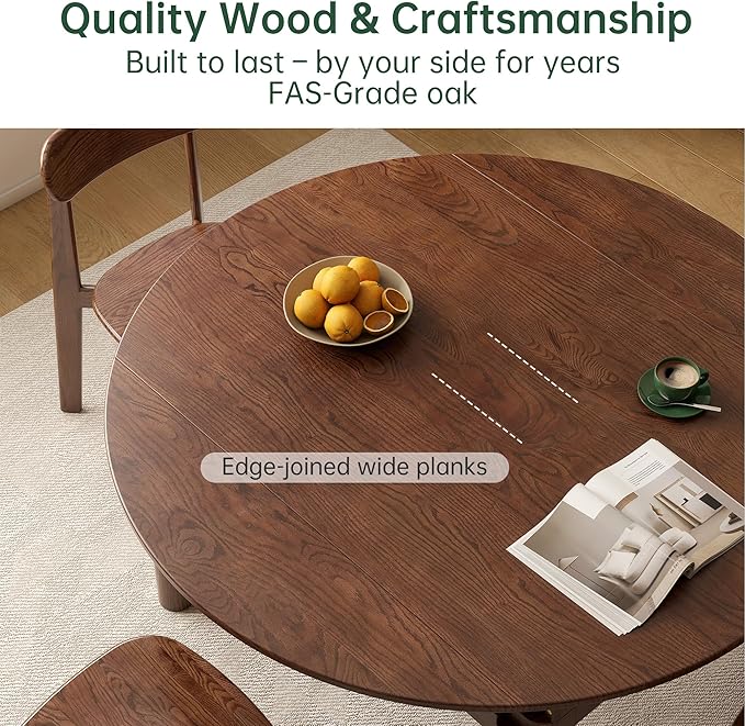 YESWOOD 47.24'' Extendable Round Dining Table for 4-8, 100% Solid Oak Expandable Kitchen Table with Removable Leaves, Modern Wood Space Saving Dinner Table for Dining Room, Living Room, Study