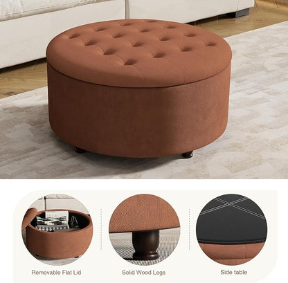 30 Inch Round Storage Ottoman,Modern Tufted Ottomans,Upholstered Large Ottoman with Storage with Removable Top Footrest Stool for Bedroom Living Room (Orange)