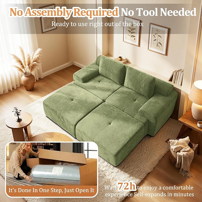 85" Oversized Boneless Couch, Comfort Cloud Sectional Couches for Living Room, Modular Sofa High Back & Extra Deep Seat, No Assembly, Soft Chenille Fabric (Olive Green, 85 inch- Shaped（2+2）)