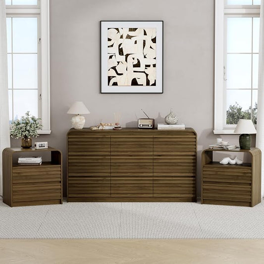 Dresser and Nightstand Sets for Bedroom, 3 Pcs Bedroom Set, Fluted 9 Drawer Dresser with Curved Profile and Night Stand Set of 2 with Charging Station, Wood Chest of Drawers, Walnut