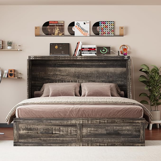 Bellemave Queen Murphy Bed, Cabinet Bed with Charging Station and Storage, Farmhouse Murphy Cabinet with Foldable Panel, Noisy Free, for Guest Bedroom, Living Room, Office, Rustic Gray