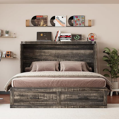Bellemave Queen Murphy Bed, Cabinet Bed with Charging Station and Storage, Farmhouse Murphy Cabinet with Foldable Panel, Noisy Free, for Guest Bedroom, Living Room, Office, Rustic Gray