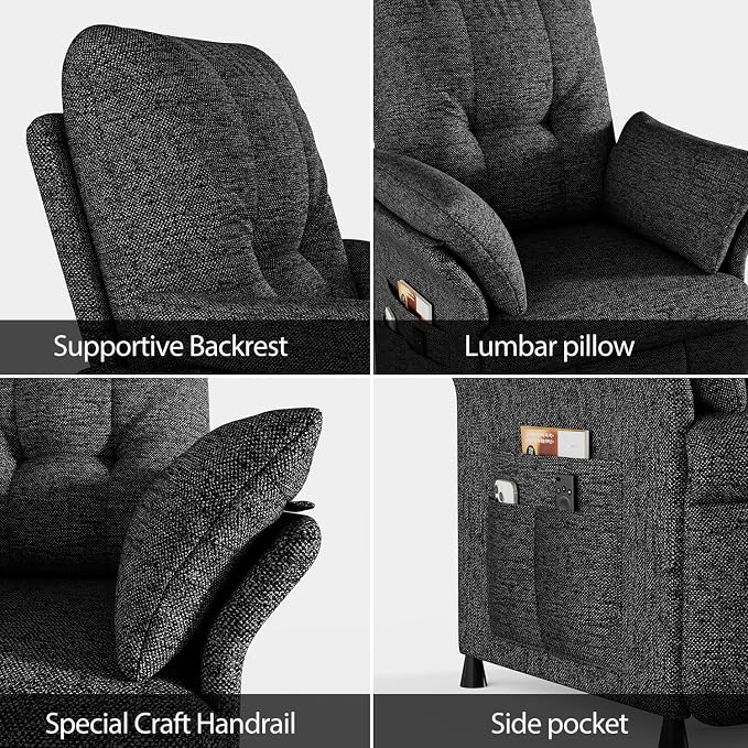 Power Recliner Chair for Adults with Heat & Massage - Linen Electric Reclining Sofa with Remote Control, 3 Side Pockets, 180° Lay Sleeper for Home Theater Living Room, Dark Grey