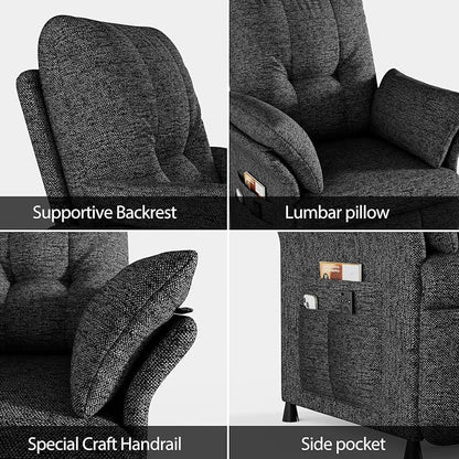 Power Recliner Chair for Adults with Heat & Massage - Linen Electric Reclining Sofa with Remote Control, 3 Side Pockets, 180° Lay Sleeper for Home Theater Living Room, Dark Grey