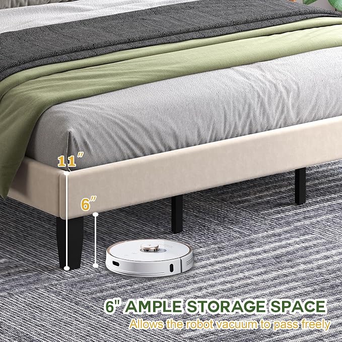 King Size Bed Frame with Headboard, Platform Bed with Soft Velvet Upholstered Headboard | Wooden Slats Support | Adjustable Height | No Box Spring Needed, King Bed Frame Beige