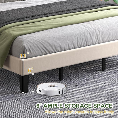 King Size Bed Frame with Headboard, Platform Bed with Soft Velvet Upholstered Headboard | Wooden Slats Support | Adjustable Height | No Box Spring Needed, King Bed Frame Beige