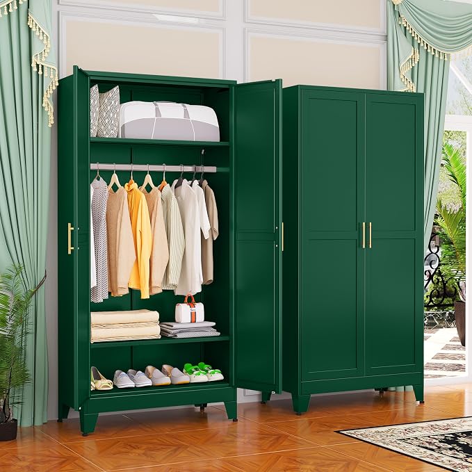 GAIOUS Metal Wardrobe Cabinet with Hanging Rod, Clothing Storage Cabinets | with 2 Doors and Adjustable Shelves, 71" Metal Green Armoire Wardrobe Closet for Bedroom, Laundry Room, Cloak Room