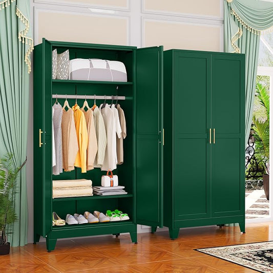 GAIOUS Metal Wardrobe Cabinet with Hanging Rod, Clothing Storage Cabinets | with 2 Doors and Adjustable Shelves, 71" Metal Green Armoire Wardrobe Closet for Bedroom, Laundry Room, Cloak Room
