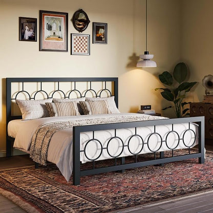 SHA CERLIN King Size Metal Bed Frame with Vintage Circular Design Headboard and Footboard,No Box Spring Required,Easy Assembly,Noise-Free,Black