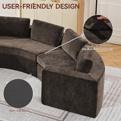 WUTUTUEE 139'' Curved Round Boneless Couch, Oversized Cloud Sofa with Deep Seat & Arms, Chenille Modular Sectional Sofa with Pillows, Upholstered Comfy 6 Seat Couch for Living Room, Brown