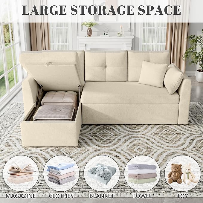 Huatean Home Sleeper Sofa Couch, 2 in 1 Pullout Couch Bed with Storage Chaise, Sectional Sleeper Sofa Bed with Side Pocket for Living Room, Beige