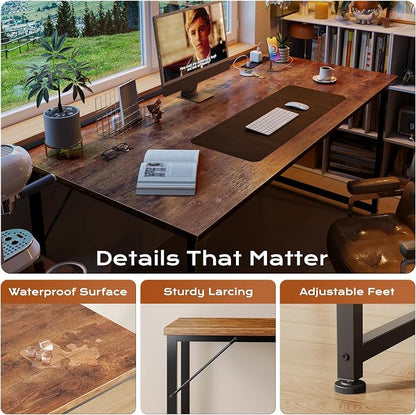 PRAISUN 54 X 24 Inch Deeper Desk with Power Outlets | Large Computer Desk for Bedroom, Office Desk for Work from Home, Writing Study Gaming Table, Stable Metal Frame, Rustic Brown