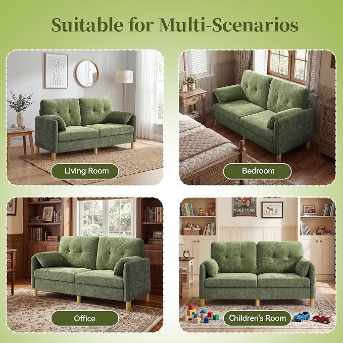 65" Loveseat Sofa, Mid Century Loveseat Couch for Living Room with Storage Pockets, Upholstered Small Loveseat for Small Spaces, Bedroom, Home Office, Apartments, Small Sofa Chenille Green